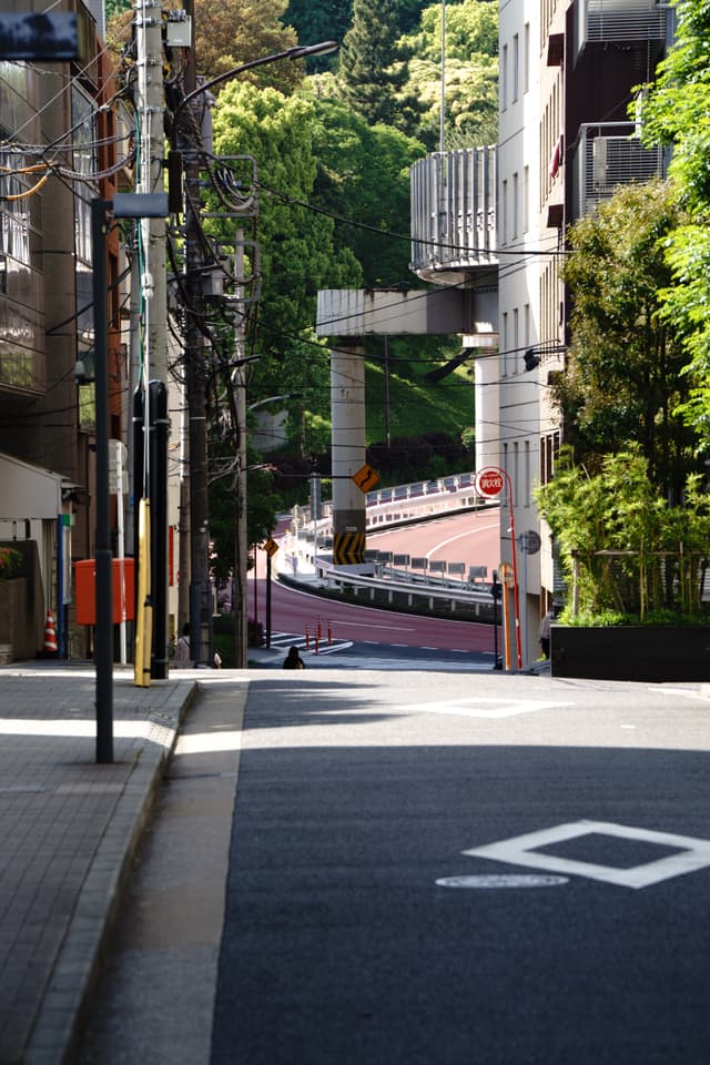 城市街道蜿蜒向下，两旁是高楼和绿树，阳光洒在路面上，显得宁静而整洁。