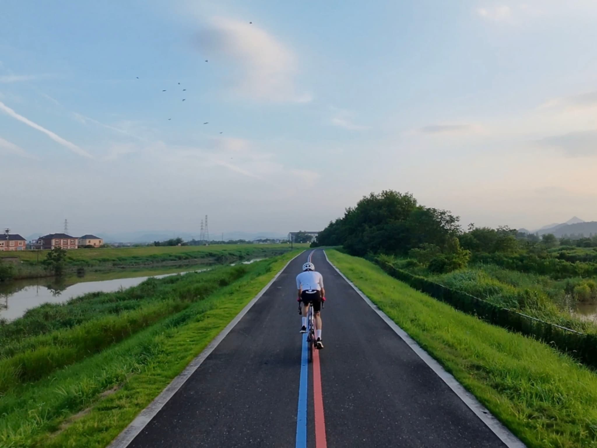 一名背影骑车人沿着带红蓝中线的乡间骑行道前行，两侧绿草堤坝与水道相伴，远处树木与淡淡晚霞的天空相接。